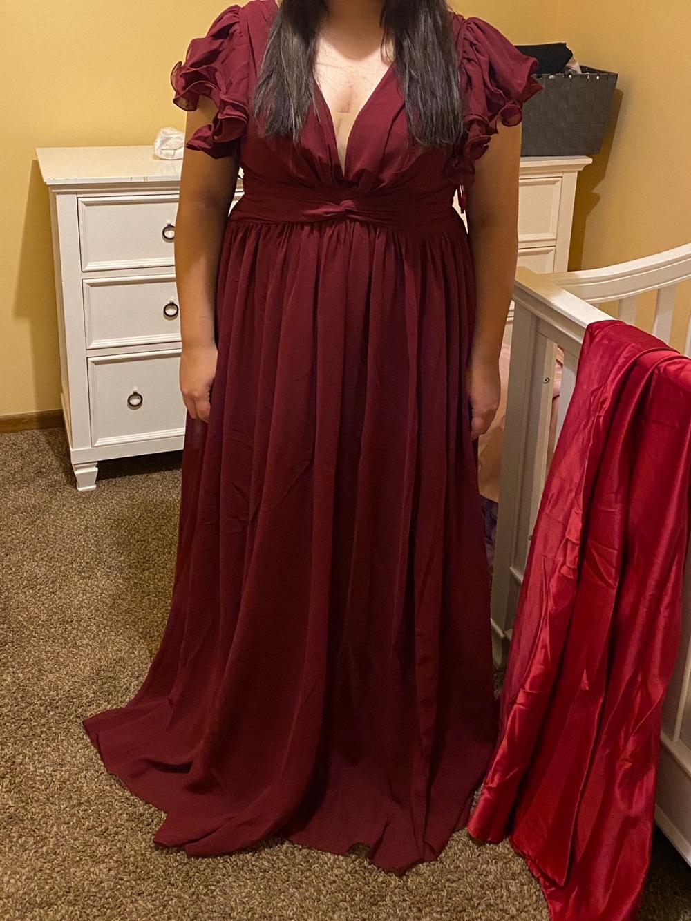 SHEIN Deep Red Ruffled Sleeve Maxi Dress